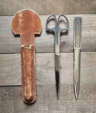 Vintage S. Salm Scissors and Letter Opener Desk Set Germany w/ Leather Sheath
