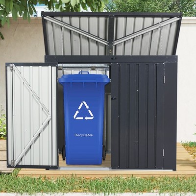 2 Trash Cans Metal Garbage Bin Shed Waterproof with Sloped Roof & Lockable Door