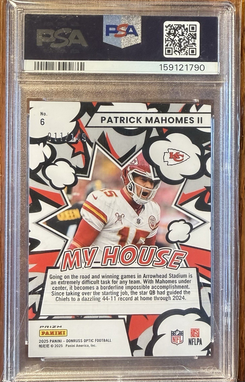 2025 Donruss Optic Patrick Mahomes II My House! Black Pandora Prizm #/149 PSA 10 view 2