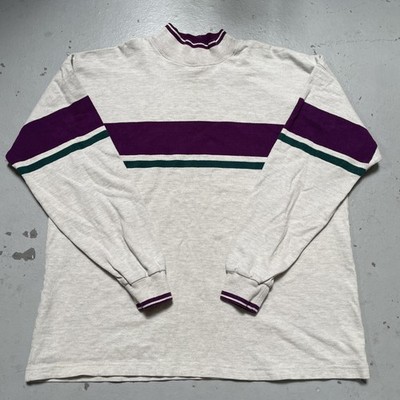 Vintage 1980s LL BEAN Mock Neck Stripe Heavy Cotton Camp Sweatshirt Made USA XL