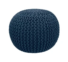 - Hand Knitted Cable Style Dori Pouf - Blue - Floor Ottoman - Cotton Braid Co...