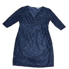 Chaps Navy Sheath Lace Y2k Babydoll Ruched Dress Sz 18 Holiday Rhinestone Party