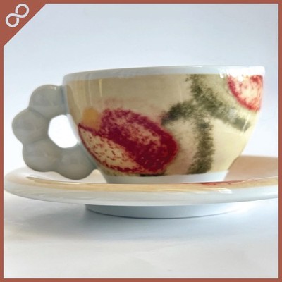 THUN Caffè al Volo Demitasse Cup & Saucer  Red & Green Floral Abstract-Italy-EUC