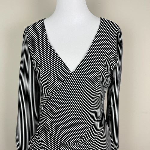 BB Dakota Dress Womens 4 Black White Striped Faux Wrap Mini Long Sleeve Ruffle - Picture 2 of 14