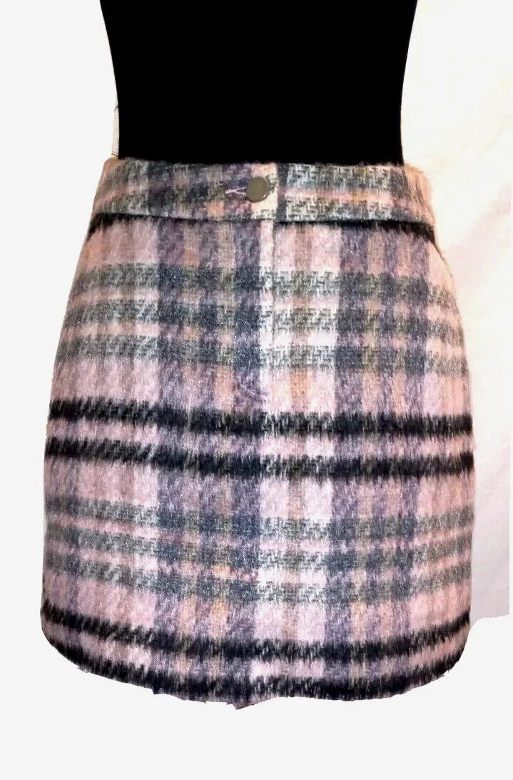 Women s Missguided Skirt Sz 6 Pink Gray White Plaid Wool A Line S