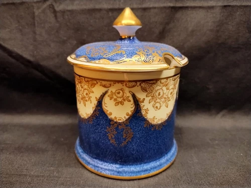 Crown Staffordshire Jelly Mustard Jar w/ Lid Sugar Bowl Cobalt Blue Gold A13452