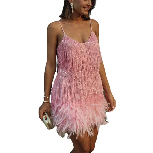 Women Fringe Sequin Feather Stitching Dress Slim V-Neck Dresses Female Slip - Imagen 7 de 33
