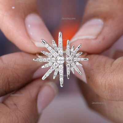 Starburst Studded Real Diamond Double Half Sun Design Ring 14k White  Gold