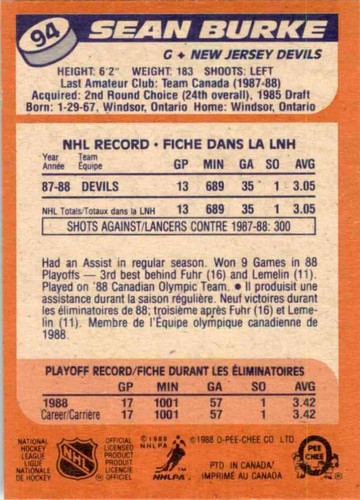 1988-89 O-Pee-Chee Sean Burke RC #94 - Picture 2 of 2
