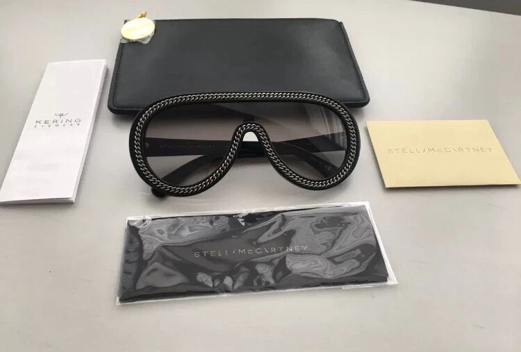 Stella McCartney — STELLA MCCARTNEY Black Shield Chain Trimmed Sunglasses - Made In Italy