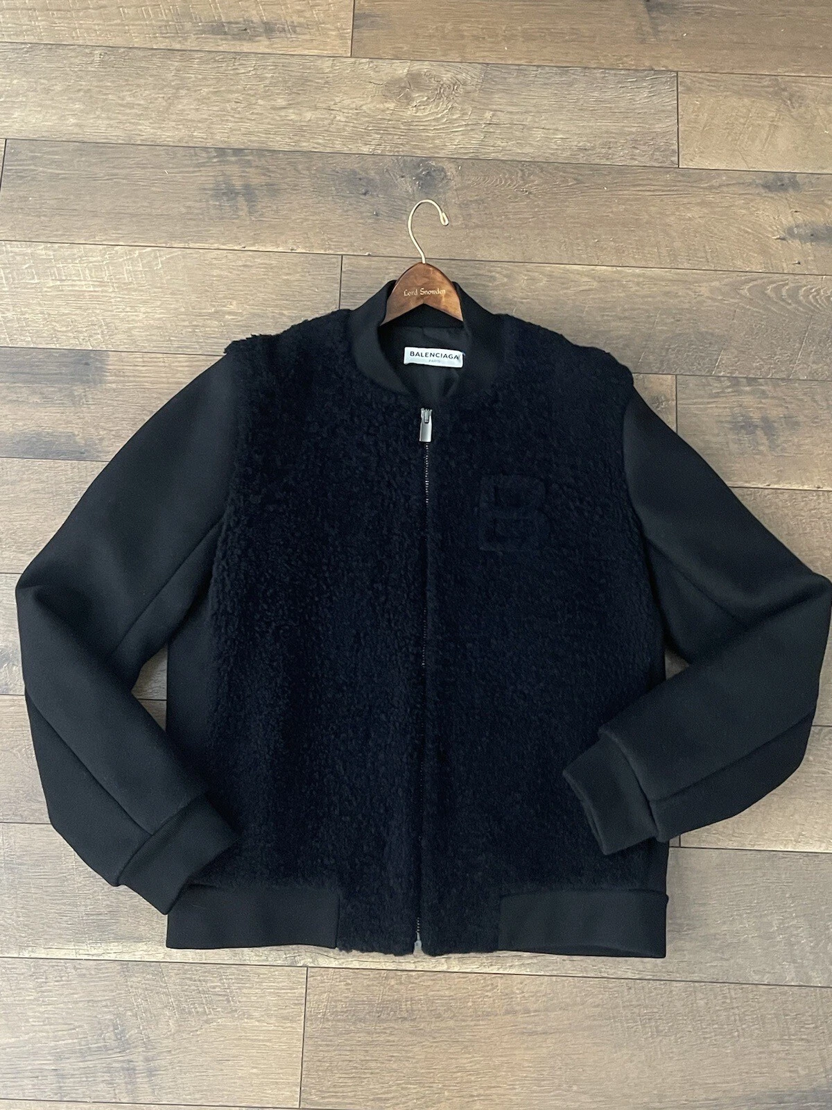 $3950 Balenciaga B orsacchiotto Varsity giacca lana pile profondo blu navy e nero taglia 52