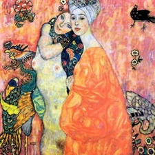 THE GIRLFRIENDS NUDE GIRL SYMBOLISM PAINTING ART BY GUSTAV KLIMT REPRO 12 X 12