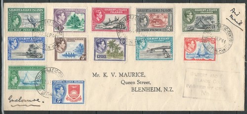 Gilbert Ellice Islands To NEW ZEALAND Cover 12 VALUES KGV STAMPS XXX LOT (BCL25) - 第 1/1 張圖片