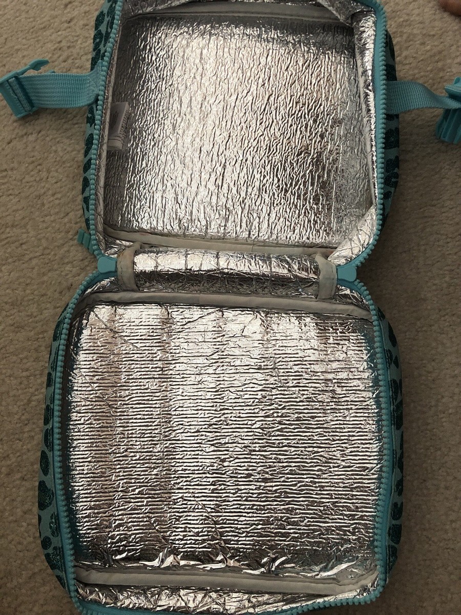 Used Gymboree “CHEETAH LUNCH TOTE BAG” Glitter Sparkle Turquoise Fully  Insulated