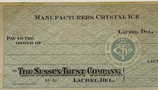 1910 Laurel Delaware Bank Check Sussex Trust Laurel Crystal Ice Co. Unused