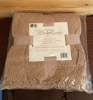 Bella Russo Beige Acrylic Throw With Fringe Blanket 50'' x 60''