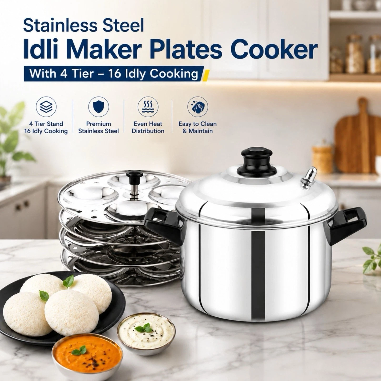 Stainless Steel Idli Maker 4 Tier - 16 Idly Cooker Pot with Plates, Madhu Brand
Opens in a new windo