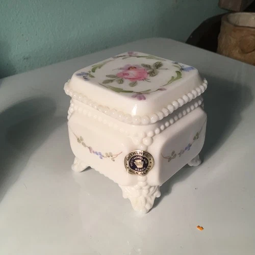Small Vtg Westmoreland Milk Glass Beaded Footed Trinket Dish Hand Painted Label