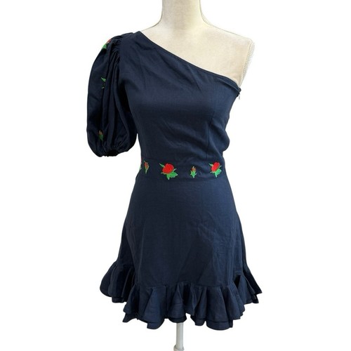 Fanm Mon Flame Linen One Sleeve Ruffle Hem Floral Embroidery Mini Dress S NWT - Picture 5 of 18
