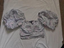 NWT Express Lavender Purple Floral Short Puff Sleeve Ruched Cropped Top Size XS