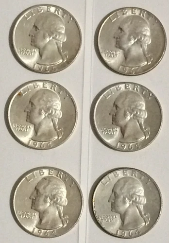 Beautiful Lot of 6 1964 Uncirculated Washington Quarters, 3 are D, 3 are P mint