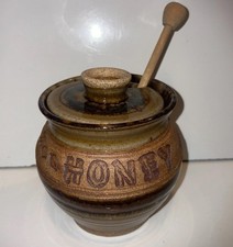 Vintage Stoneware Honey Pot Wooden Dipper Studio Art Pottery  