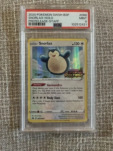 Rare 2020 POKEMON SWSH BLACK STAR PROMO PRERELEASE-STAFF #068 SNORLAX PSA 9