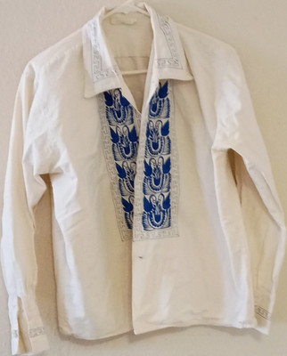 Men's White/Blue Embroidered Front Panel Button-Up Shirt Point Collar S