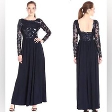 Vera Wang Navy Sequined Long Sleeved Open Back Maxi Flowy formal gown 14