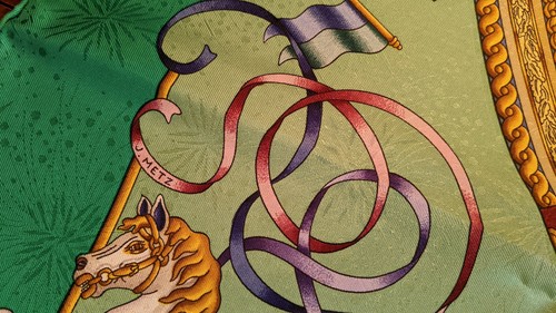 Authentic Hermes Silk Scarf 'Luna Park' J Metz Green - Picture 2 of 10