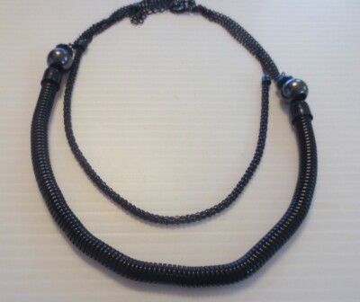 Black Metal Faceted Black Glass/Plastic Bead Snake Chain Tiered Necklace
