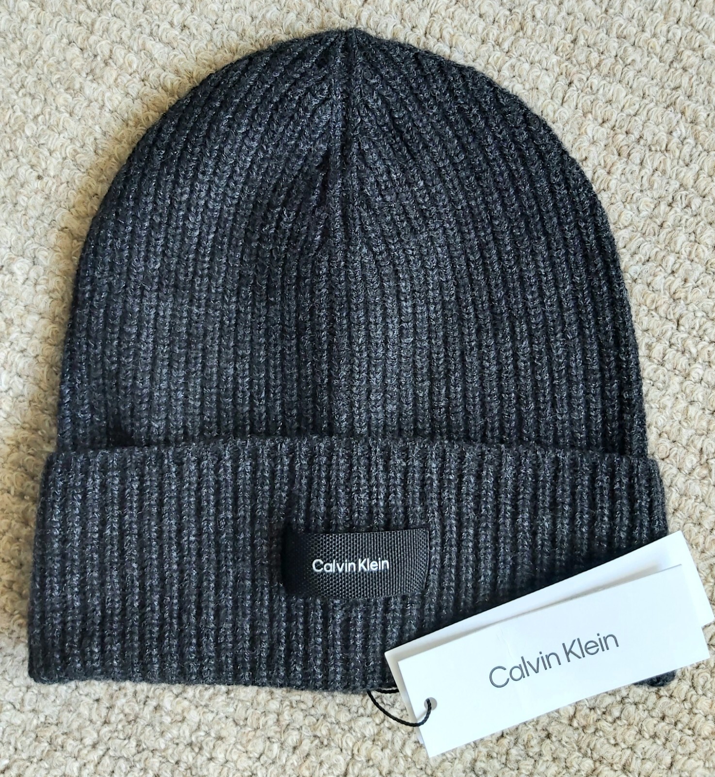 Genuine CALVIN KLEIN Black Heather 61% WOOL Taller BEANIE Hat Toque TAGS ITALY