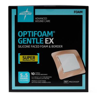 Medline Optifoam Gentle EX Bordered Foam Dressing 5'' x 5'', Box of 10 - MSCEX55EP
