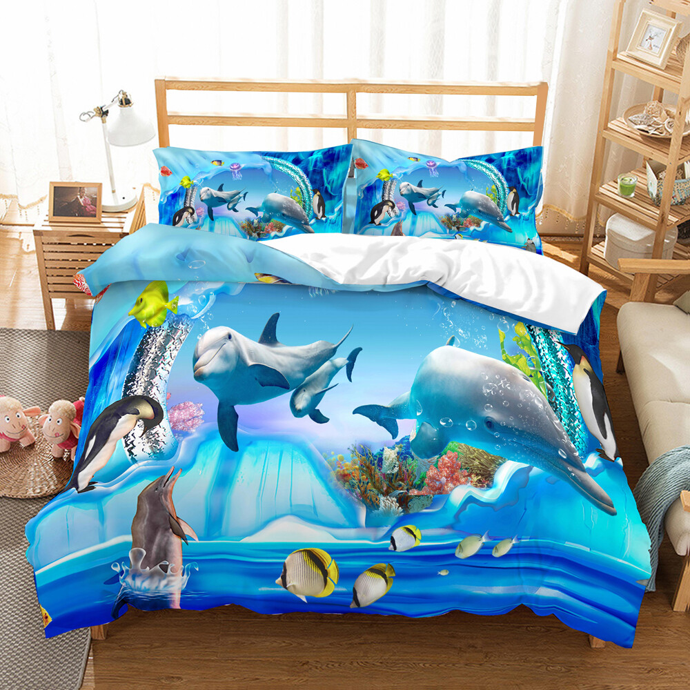 3D Marine Animals Dolphin Bedding Set Duvet Cover Comforter Cover Pillow Case