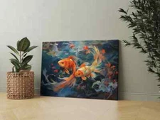 Serene Cute Koi Fish Colorful Abstract Paint Wall Art Canvas Unframed Print Art