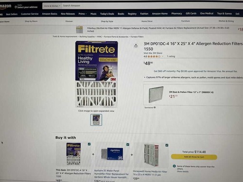 3M DP01DC-4 16" X 25" X 4" Allergen Reduction Filters 1550I (2 Filters) - Picture 2 of 6