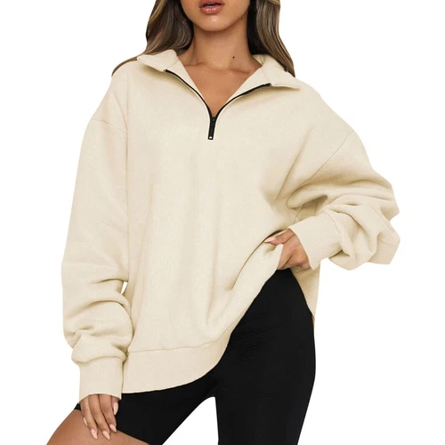 Womens Oversized Half Zip Pullover Long Sleeve Sweatshirt Hoodie Sweater Blouse - Picture 16 of 75