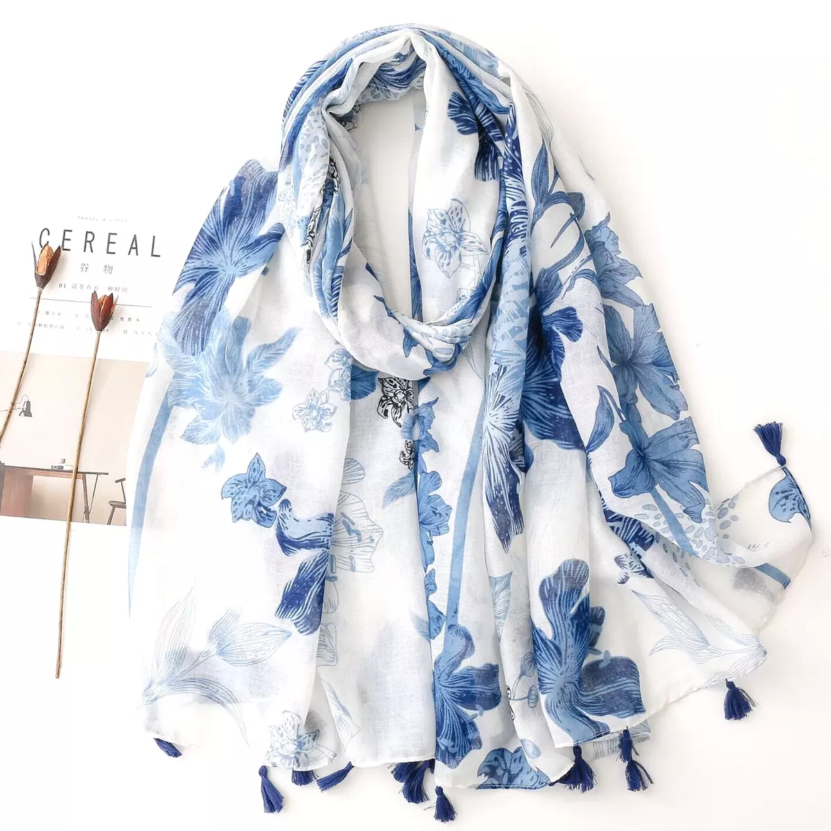 Womens White Blue Porcelain Floral Tasseled Scarf Soft Pashmina Shawl Stole  Wrap