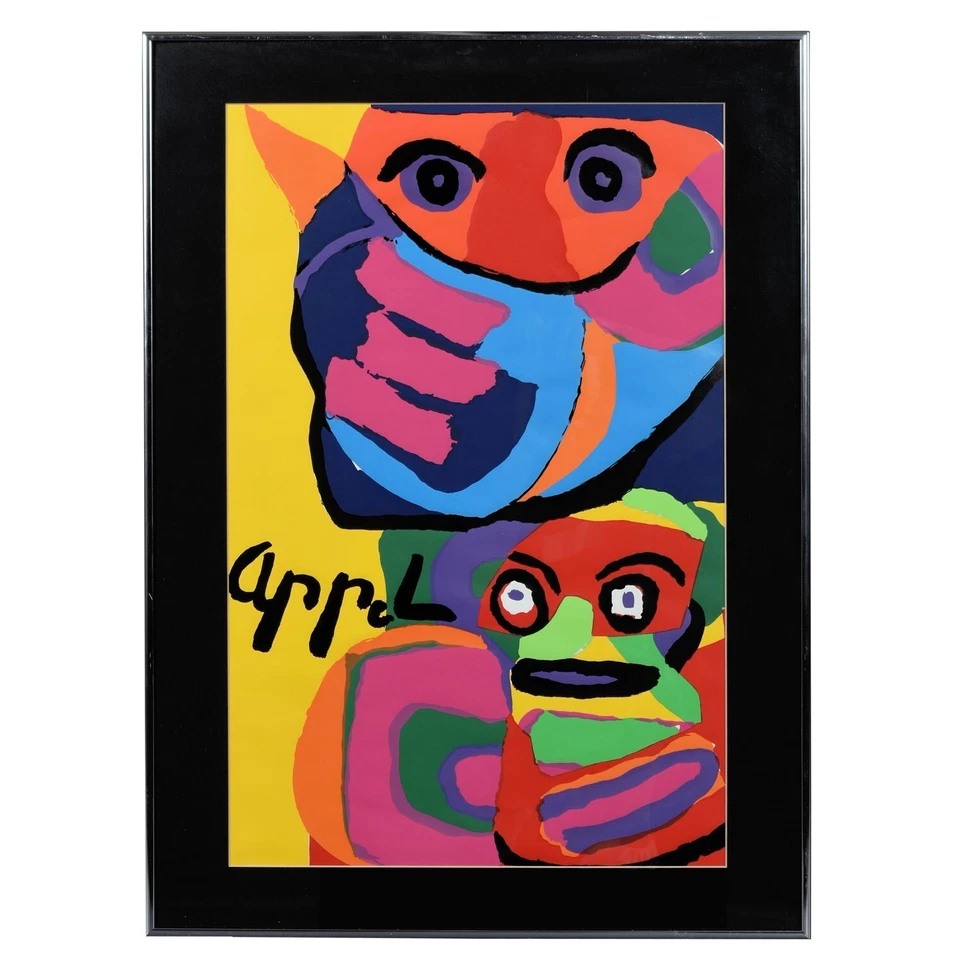 Estampa emoldurada colorida de rinoceronte e macaco Karel Appel década de 1960 - Imagem 2 de 4
