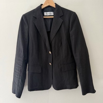 Max Mara Linen Blazer Black Gold Buttons Size 10 Classic Luxury Nautical Capsule