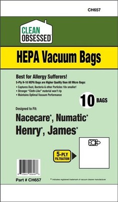 Hepa Cloth Vacuum Bags To Fit Nacecare/Numatic/Henry/James 10 bags 1st quality