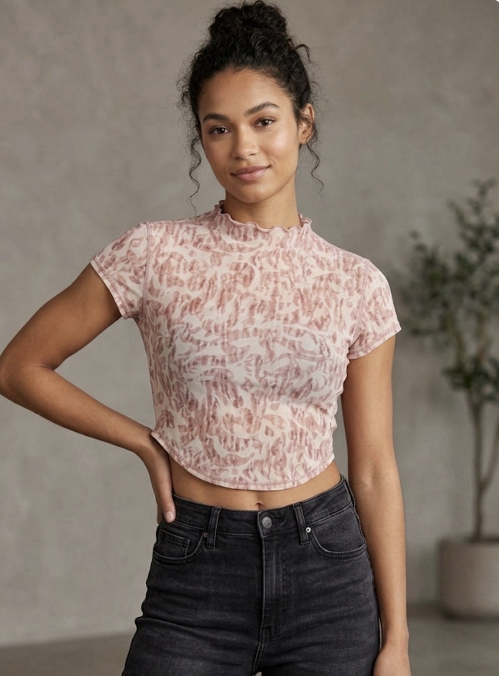 Free People Movement Crop Top Pink White Print Ruffle Neck Short Sleeve Small