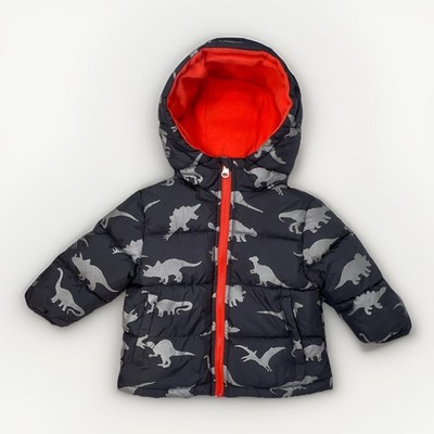 Puffer Coat Boys 12 M Gray Dinosaur Print Hooded Jacket Wonder Nation