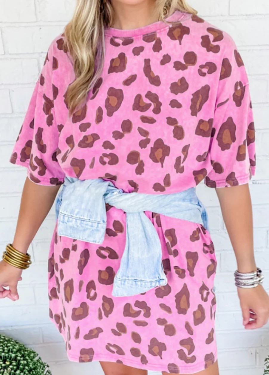 Pink Leopard Print Dress Mineral Wash Side Pocket Mini T-shirt Dress M UK 12 image 2