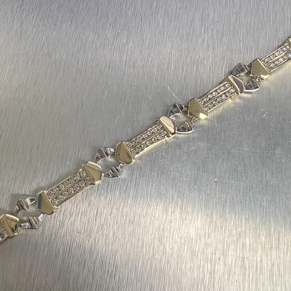 Brazalete de eslabones de barra de diamantes de oro blanco y amarillo de 14 k 2,00 ctw 7,00" 44,3 g Foto 4 de 4