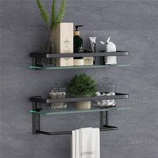 Glass Bathroom Shelf with Towel Bar 15.7In Bathroom Wall Shelves Rustproof Metal