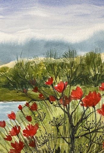 8”X 10” Original Pamela Wilhelm Watercolor Delta Waters Red Flowers Blue Bird - Picture 3 of 3