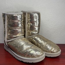 UGG Australia Boots Womens Size 6 Gold Classic Short Sparkles Sequin Shearling