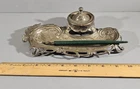 VINTAGE BRASS ART NOUVEAU STYLE INKWELL / PEN REST & DIP PEN