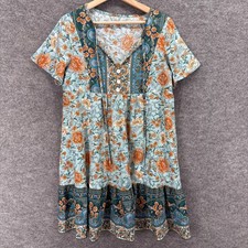SheIn Dress Women M Medium Blue Floral SHift Short V-Neck Tasseled Short Sleeve